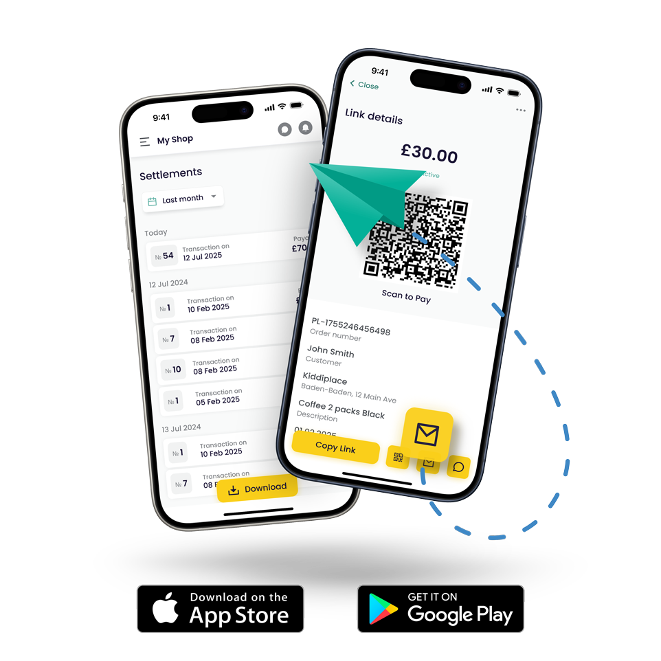 Corelynk Merchant Portal mobile app on iPhone showing settlements and payment link details